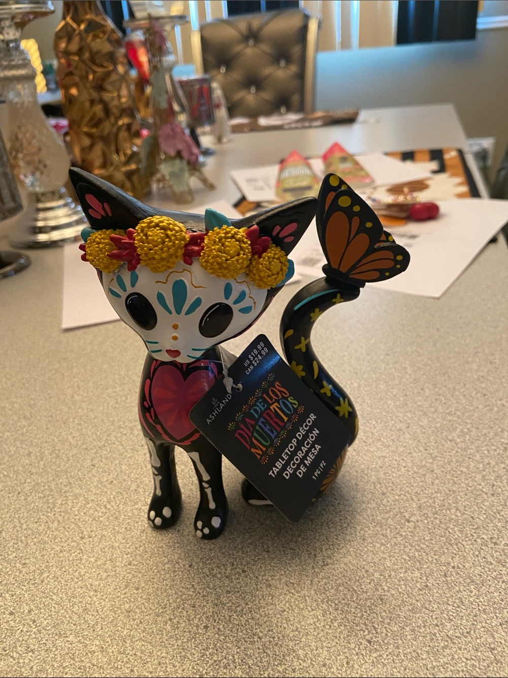 Ashland Black Day of the Dead Cat Figurine with Yellow Floral Crown